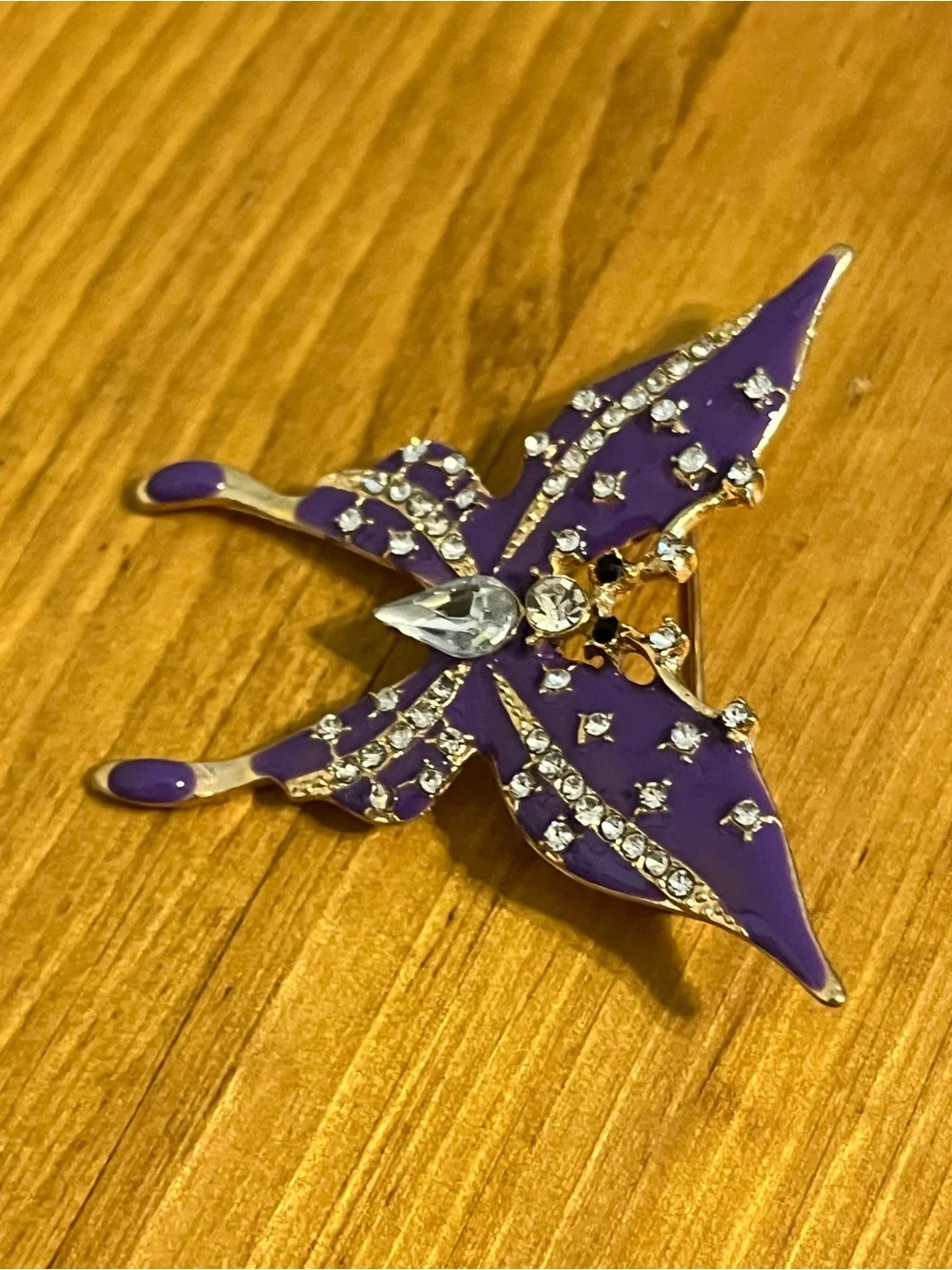 Purple monarch butterfly brooch gold tone purple enamel rhinestones 1 1/2”